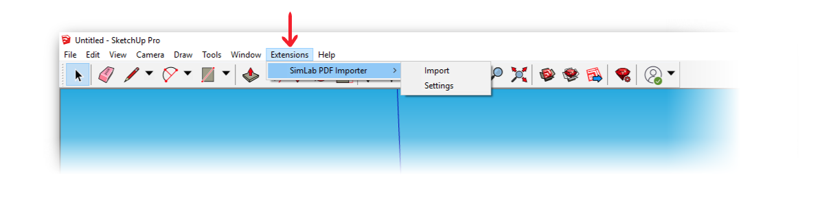 Menu Estensioni di SketchUp con SimLab PDF Importer e i comandi Importa e Impostazioni